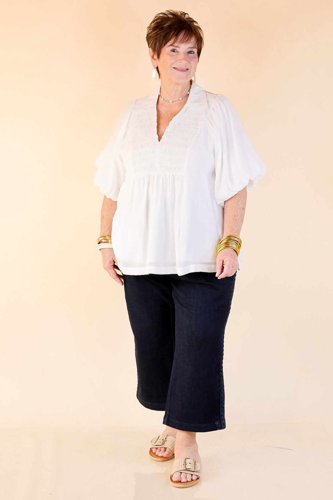 Crush on Classic Flowy Blouse with Smocked Yoke in White