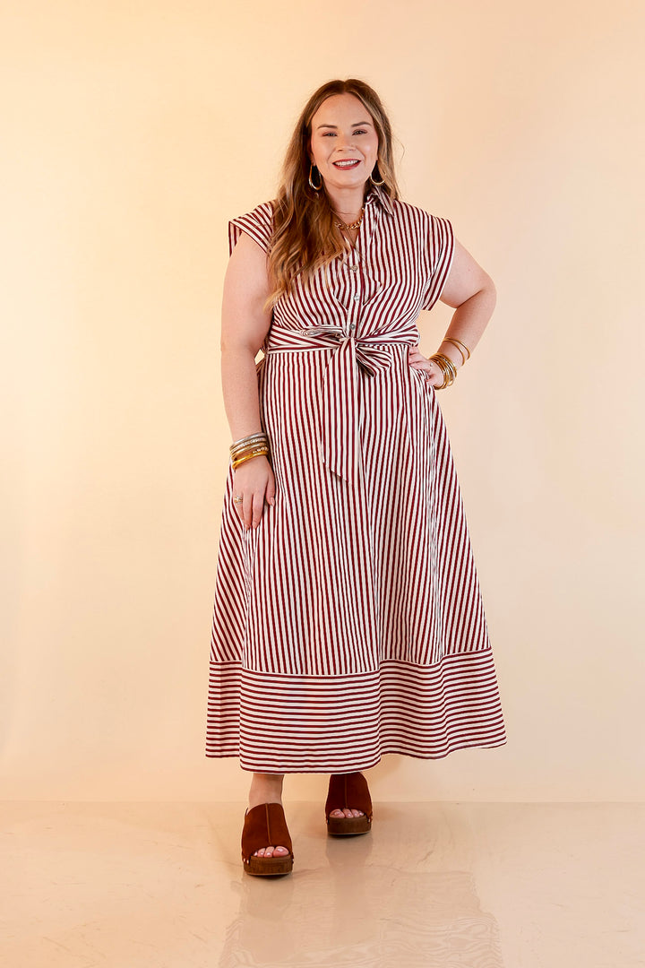 In Good Standing Striped Tie Waist Button Down Midi Dress in Maroon and Ivory