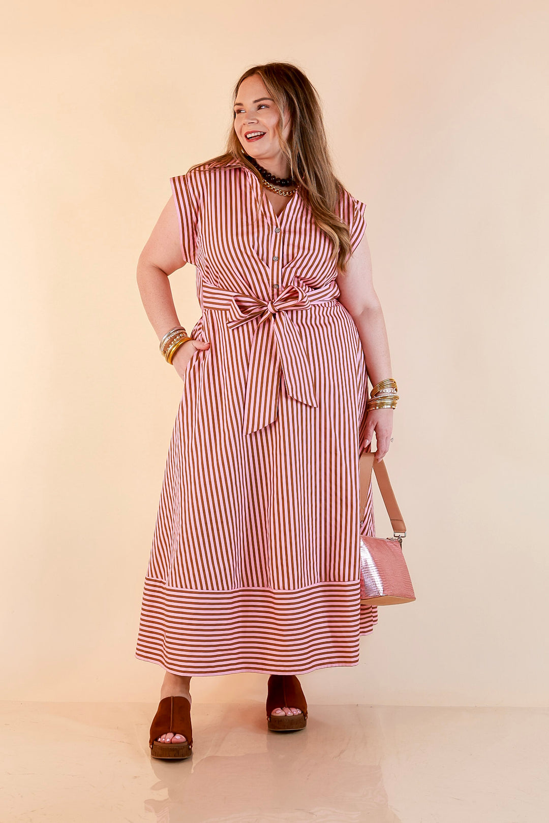 In Good Standing Striped Tie Waist Button Down Midi Dress in Pink and Brown
