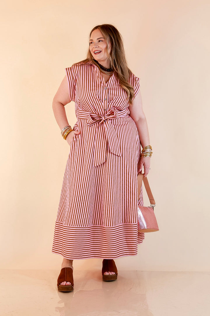 In Good Standing Striped Tie Waist Button Down Midi Dress in Pink and Brown
