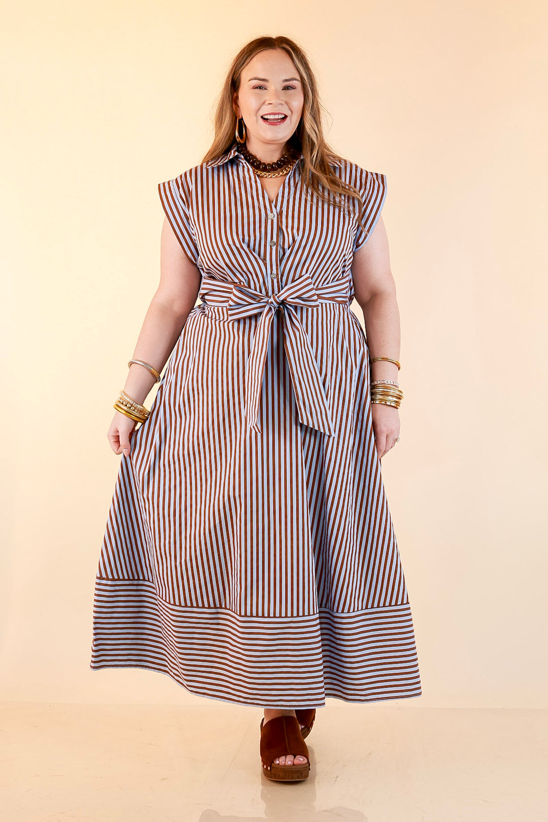 In Good Standing Striped Tie Waist Button Down Midi Dress in Blue and Brown