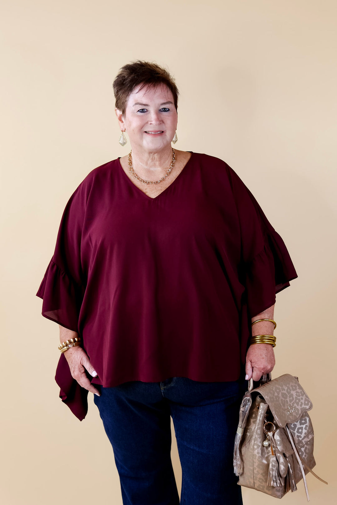 Secret Strength Ruffle Detail Poncho Top in Maroon - Giddy Up Glamour Boutique