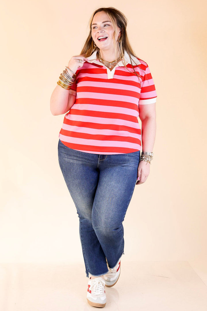 Statement in Stripes Short Sleeve Collared Shirt with Stripes in Pink