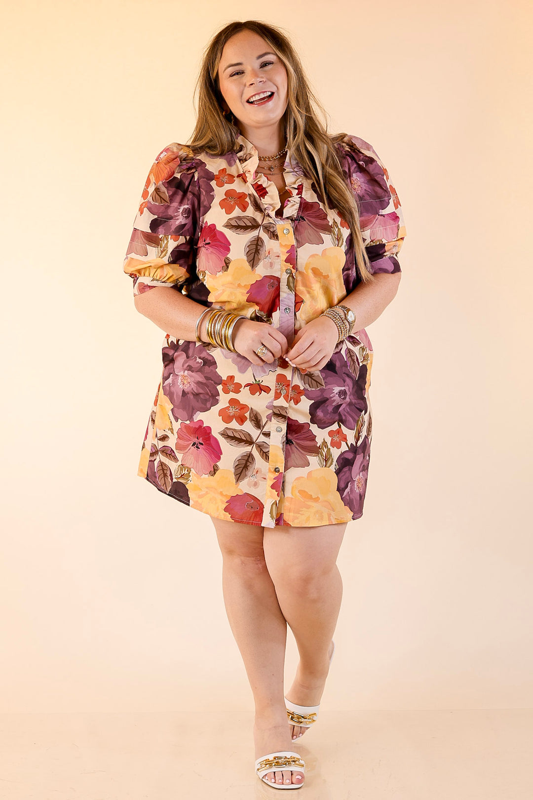 Blooming Statement Button Up Dress with Ruffle Trim and Puff Sleeves in Cream Mix