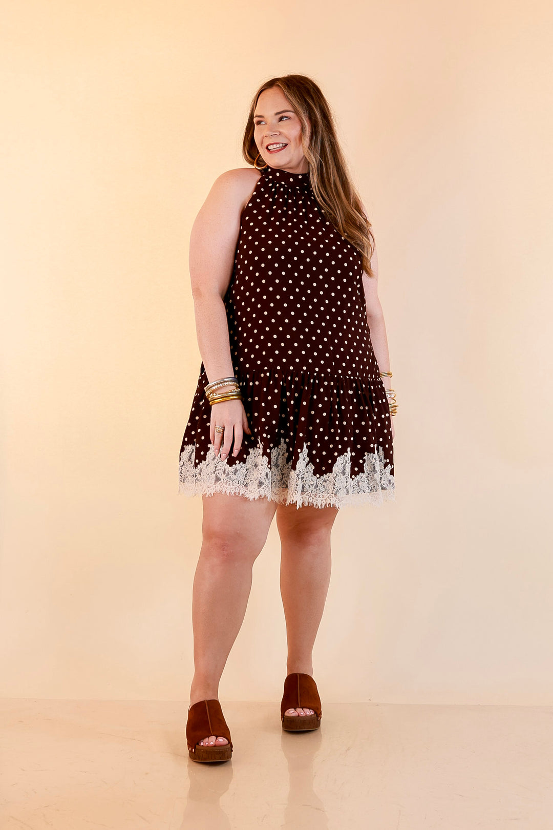 Something to Love Polka Dot Lace Trim Halter Dress in Chocolate Brown and Ivory
