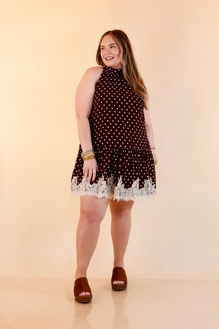 Something to Love Polka Dot Lace Trim Halter Dress in Chocolate Brown and Ivory