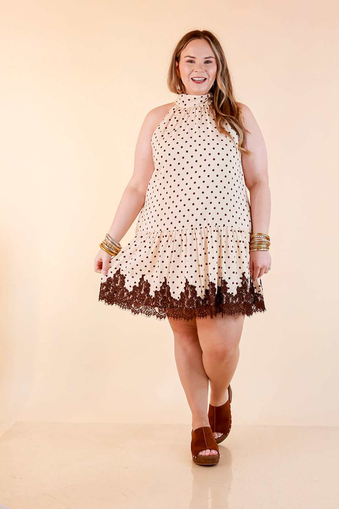 Something to Love Polka Dot Lace Trim Halter Dress in Ivory and Chocolate Brown