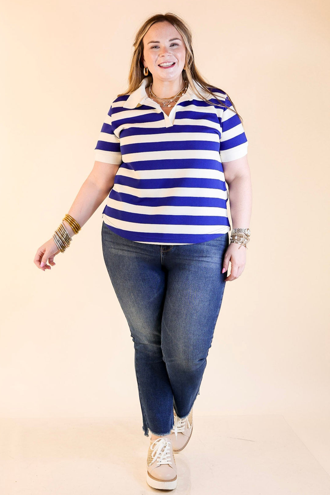 Statement in Stripes Short Sleeve Collared Shirt with Stripes in Blue