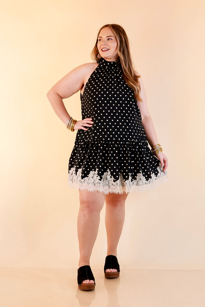 Something to Love Polka Dot Lace Trim Halter Dress in Black and Ivory