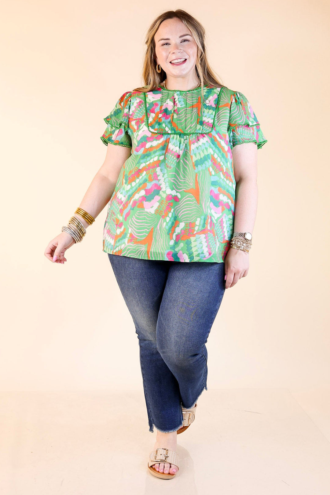 Lovely Dreams Abstract Print Blouse with Lace Detailing in Green