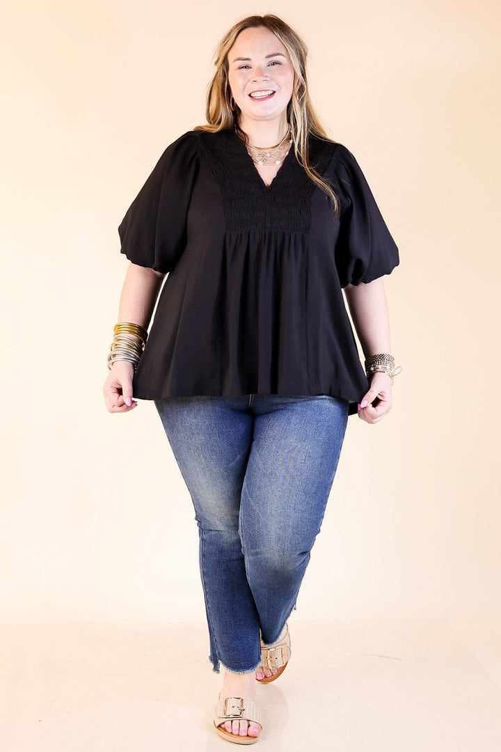 Crush on Classic Flowy Blouse with Smocked Yoke in Black
