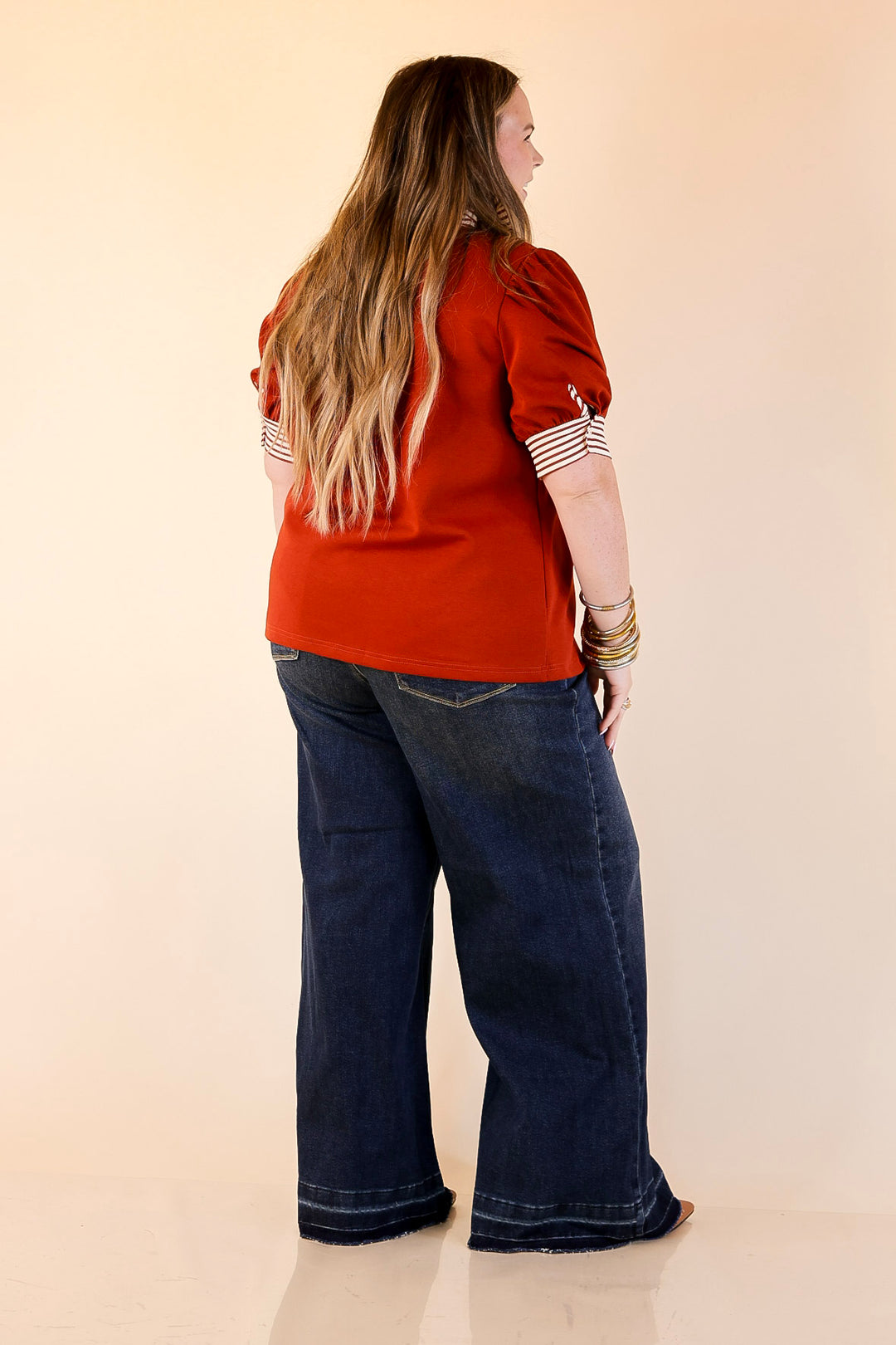 Refined Edge Short Puff Sleeve Top with Striped Collar in Rust Orange