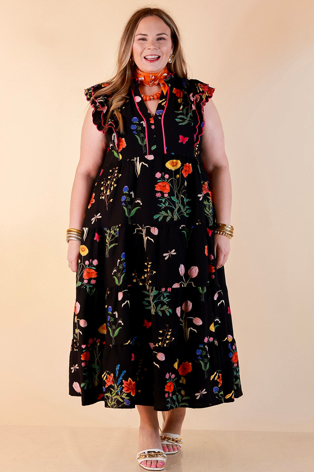 Flourishing Charm Floral Ruffle Cap Sleeve Tiered Midi Dress in Black