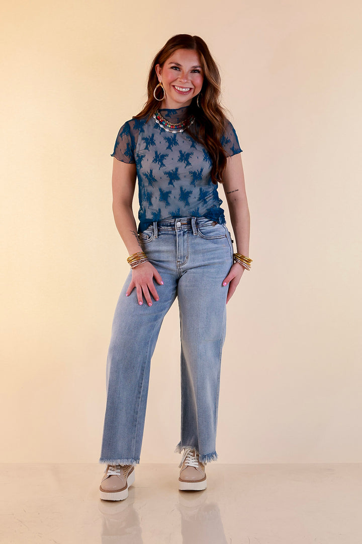 Lovely in Lace Sheer Mock Neck Short Sleeve Top in Teal Blue