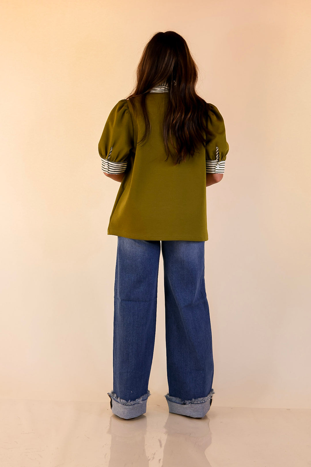 Refined Edge Short Puff Sleeve Top with Striped Collar in Olive Green