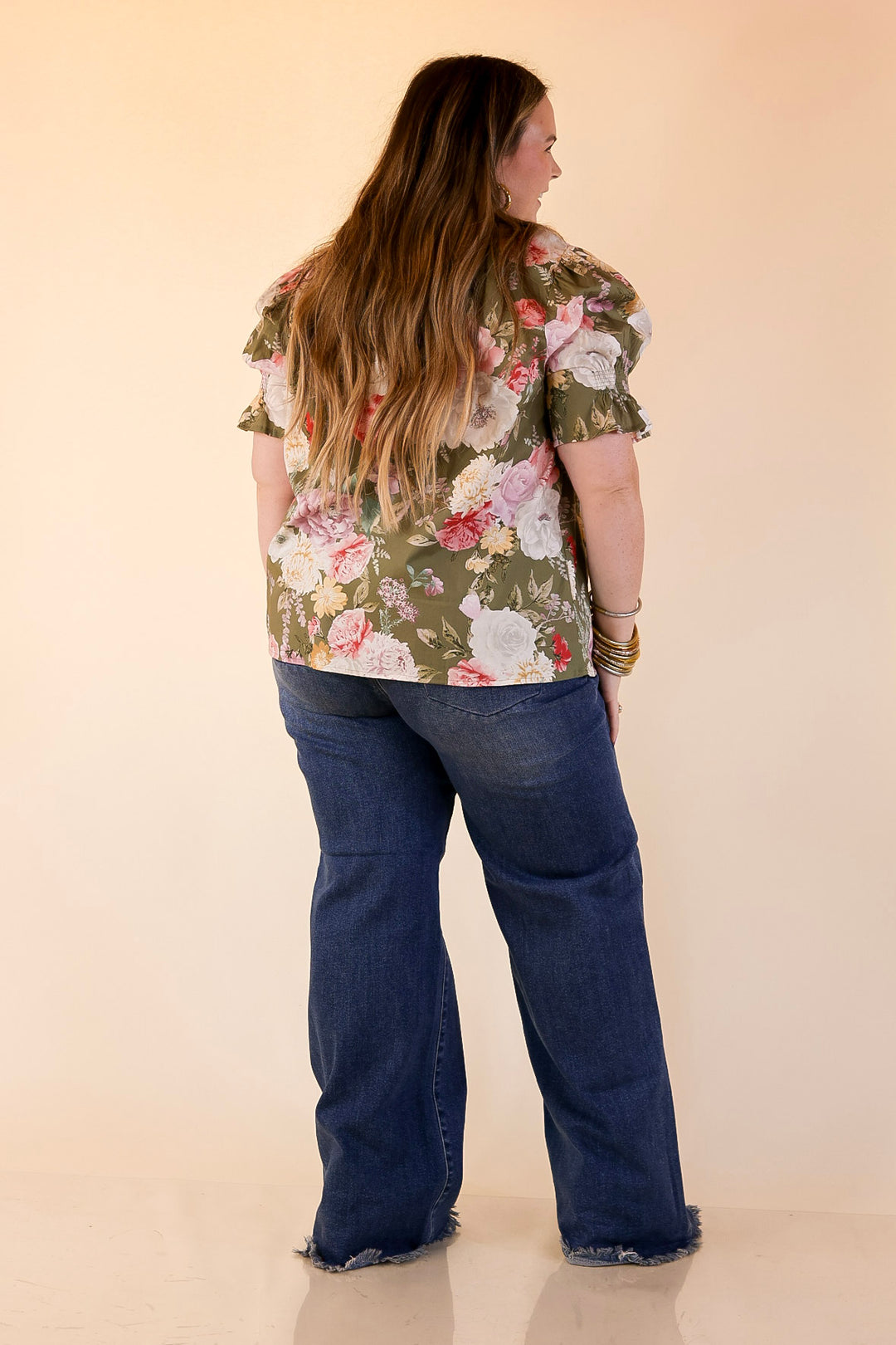 Freshly Picked Floral Print Top with Short Puff Sleeves in Olive Green
