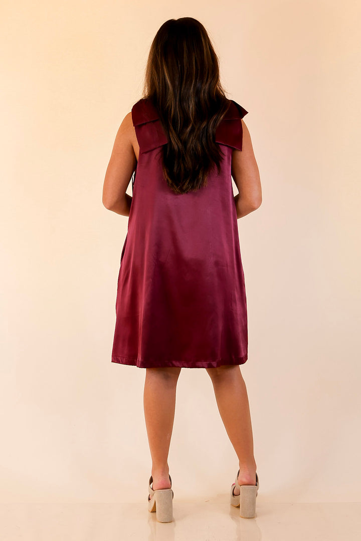 Satin Soirée V Neck Mini Dress with Bow Strap Detailing in Maroon