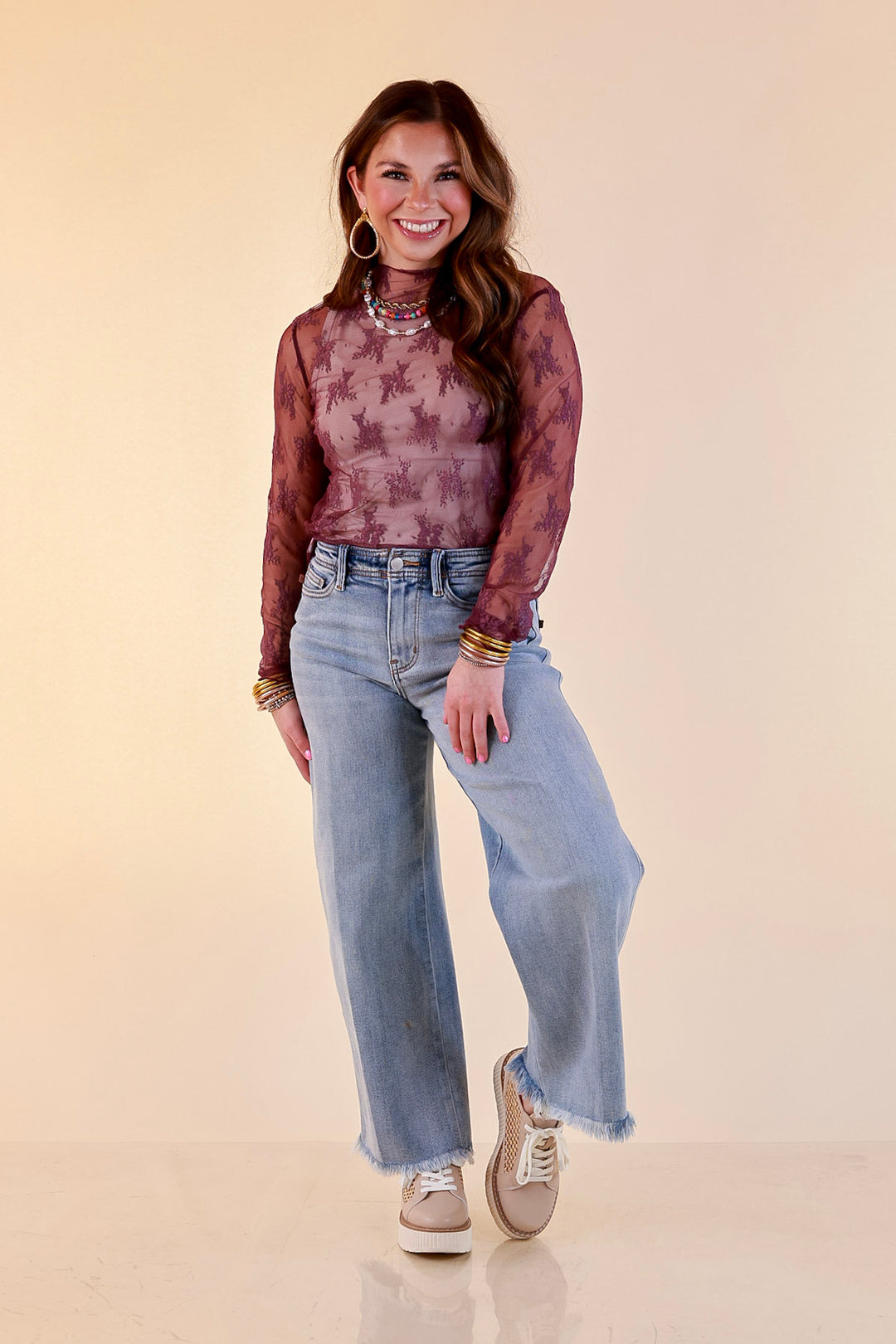 Delicate Charm Long Sleeve Sheer Lace Top with Mock Neck in Dark Purple