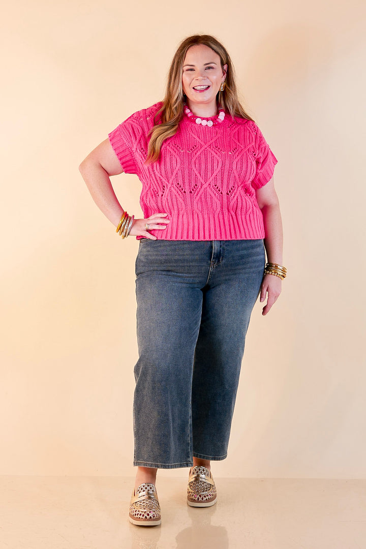 Knit to Last Cable Knit Short Sleeve Sweater Top in Hot Pink