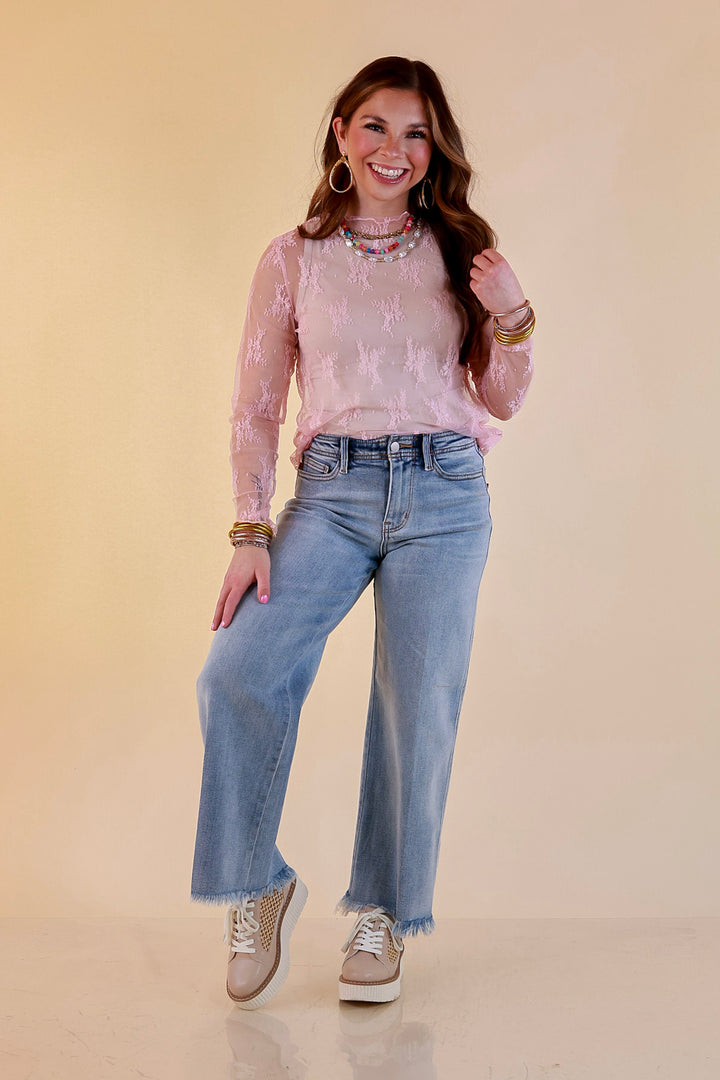 Delicate Charm Long Sleeve Sheer Lace Top with Mock Neck in Pale Pink