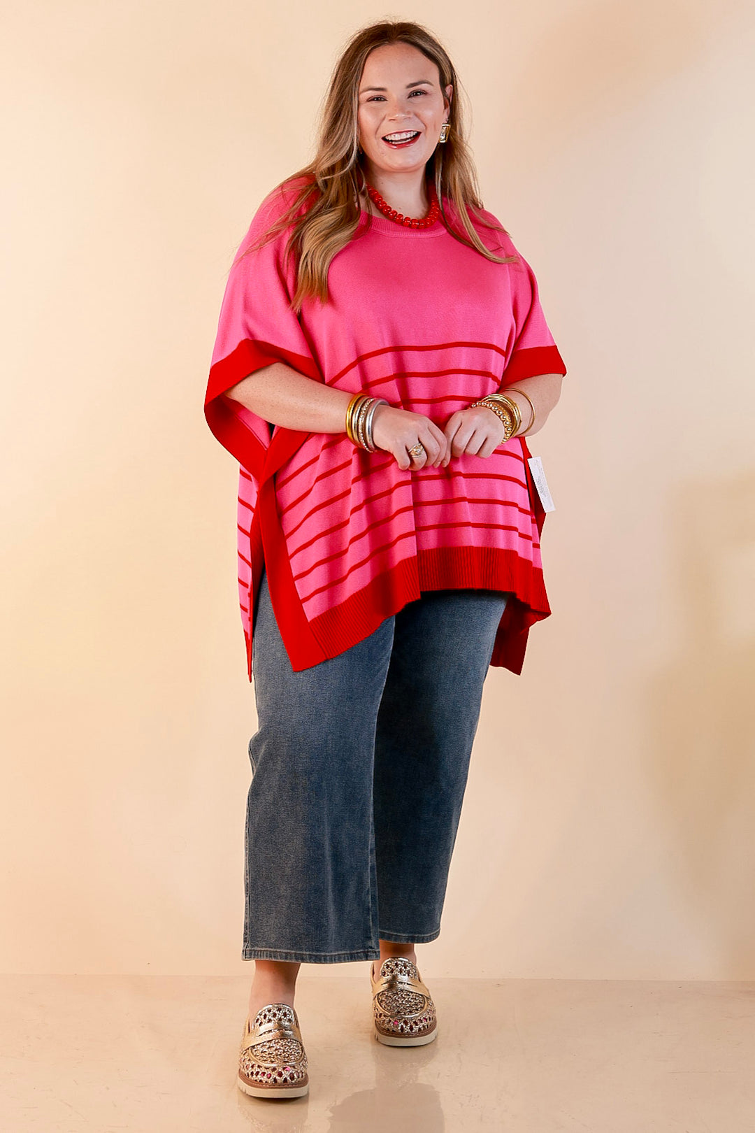 Casual to Chic Short Sleeve Striped Poncho Top in Pink and Red