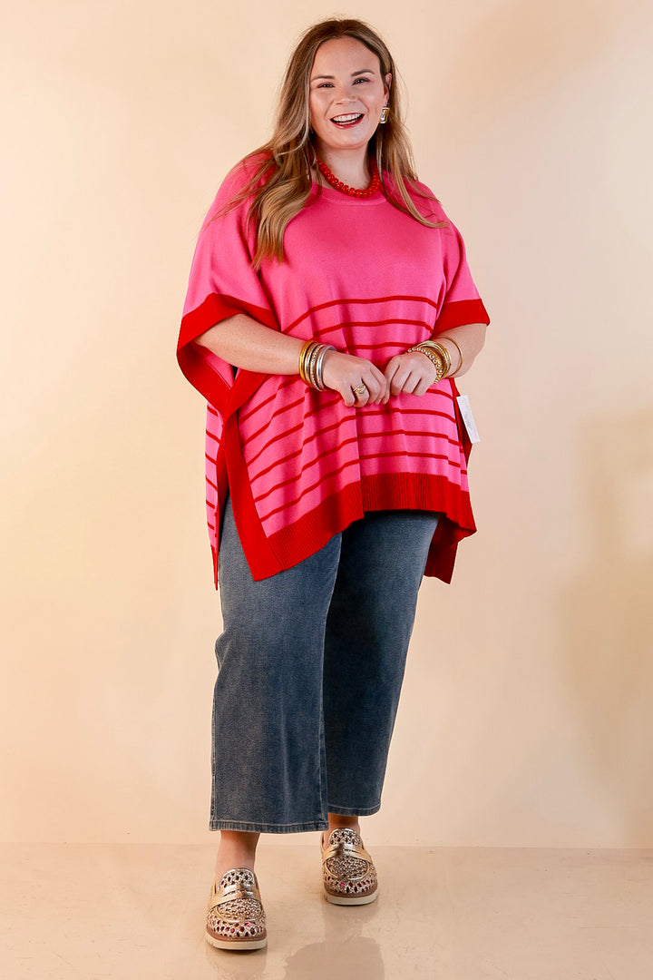 Casual to Chic Short Sleeve Striped Poncho Top in Pink and Red