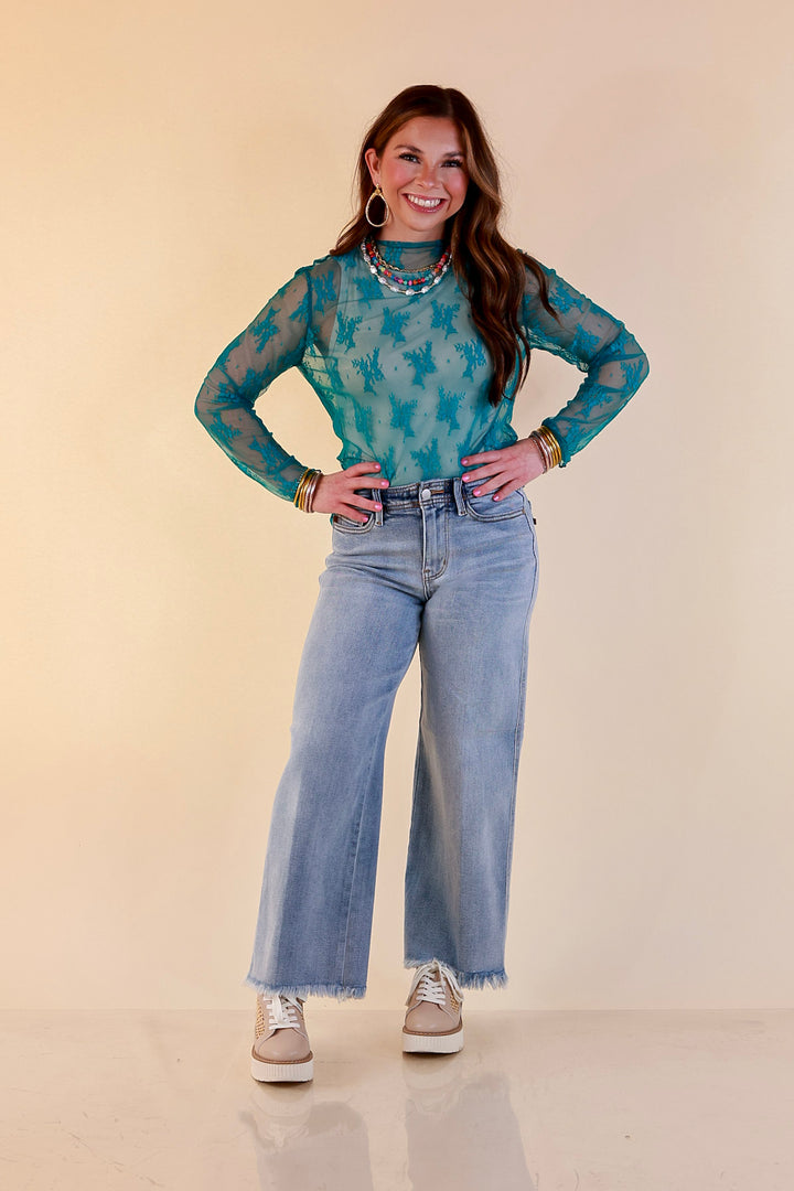 Delicate Charm Long Sleeve Sheer Lace Top with Mock Neck in Turquoise Blue
