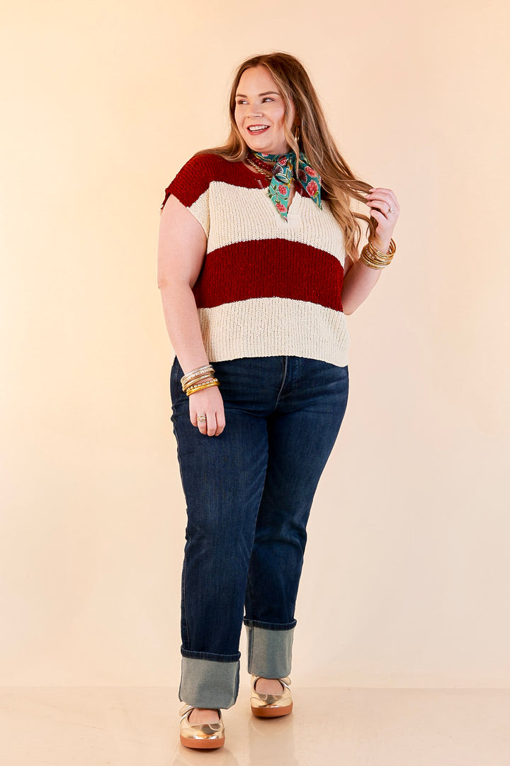 The Style Standard Striped Sleeveless Sweater Knit Top in Burgundy and Ivory