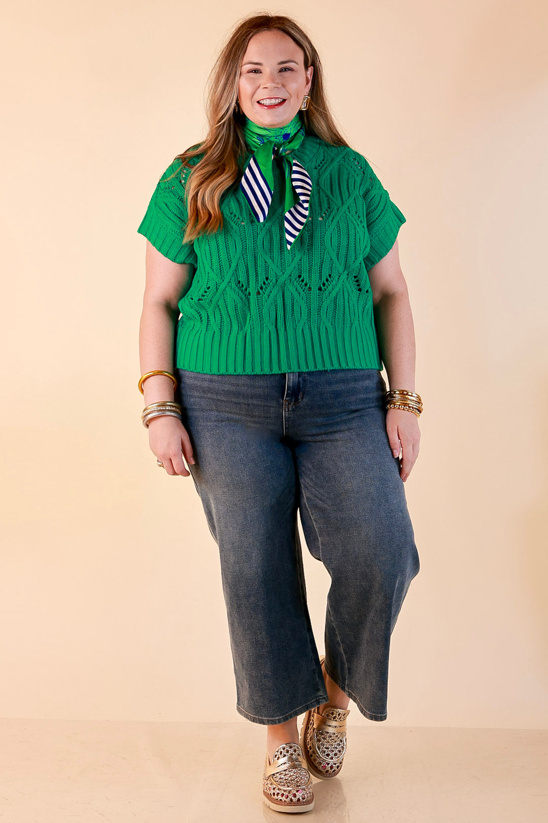 Knit to Last Cable Knit Short Sleeve Sweater Top in Kelly Green