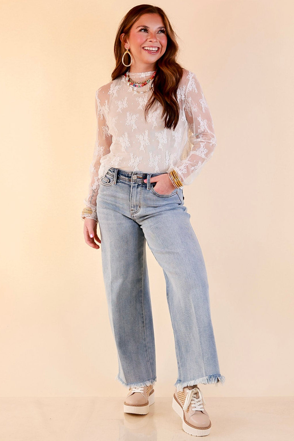 Delicate Charm Long Sleeve Sheer Lace Top with Mock Neck in Ivory