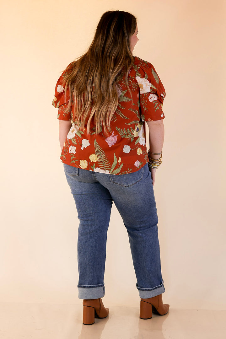 First Glance Button Up Puff Sleeve Floral Print Top in Rust Orange