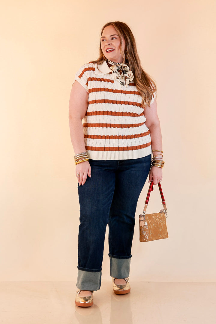 Signature Stripe Drop Shoulder Cable Knit Collared Polo Top in Ivory with Camel Brown Stripes