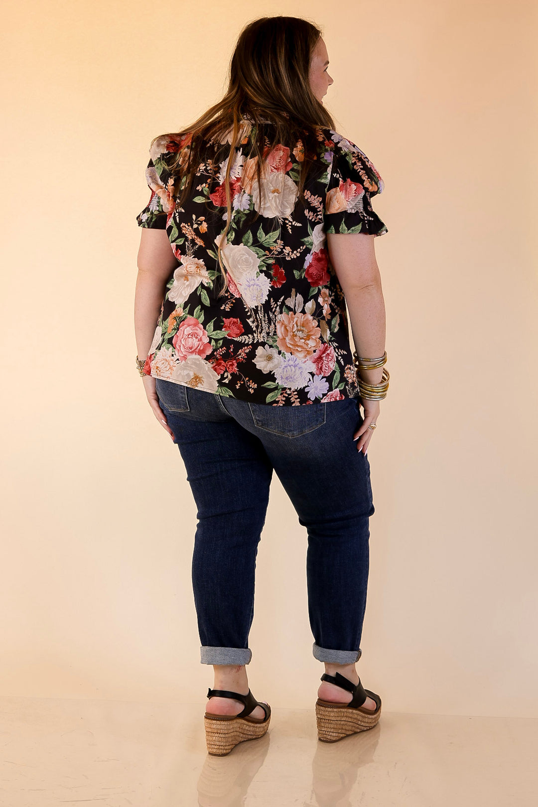 Freshly Picked Floral Print Top with Short Puff Sleeves in Black