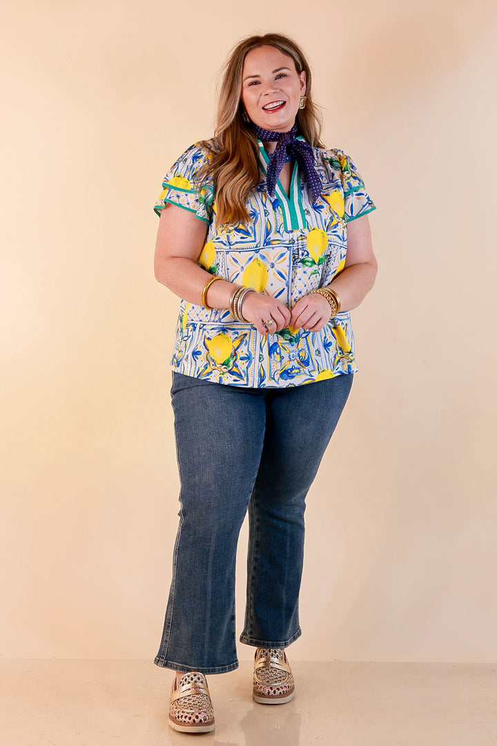 Amalfi Afternoon Lemon Tile Print Flutter Sleeve Split Neck Top in Ivory, Blue and Yellow