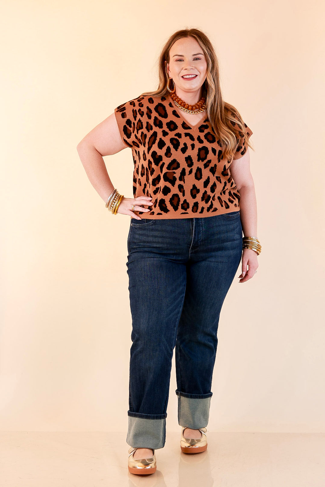 Natural Instinct Leopard Print V-Neck Sweater Knit Top in Camel and Black