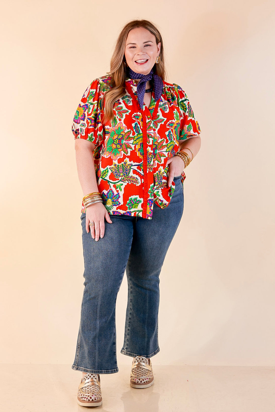 Petal Pop Floral Print Ruffle Front Button Up Top with Puff Sleeves in Red