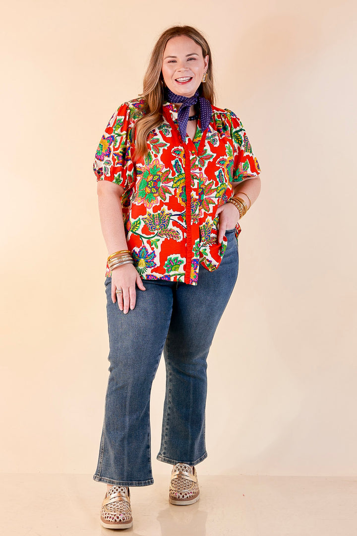 Petal Pop Floral Print Ruffle Front Button Up Top with Puff Sleeves in Red