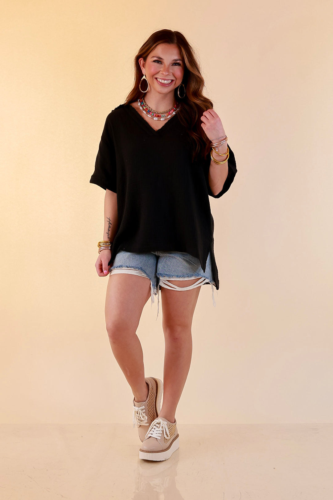 Quite Appropriate Short Sleeve Collared V Neck Linen Top with Rolled Sleeve Detail in Black
