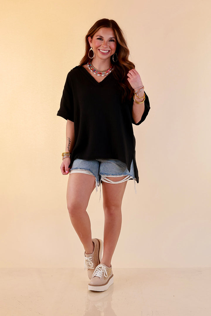 Quite Appropriate Short Sleeve Collared V Neck Linen Top with Rolled Sleeve Detail in Black