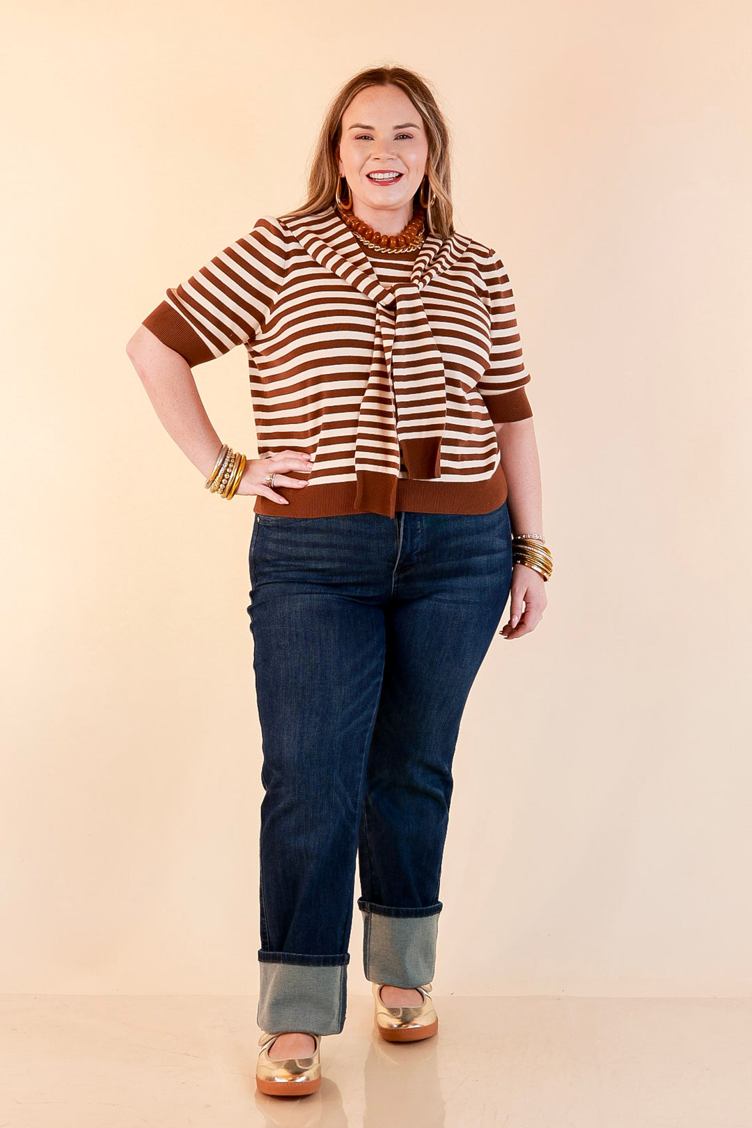 Leading Lady Faux Sweater Tie Detail Short Sleeve Striped Knit Top in Brown and Ivory