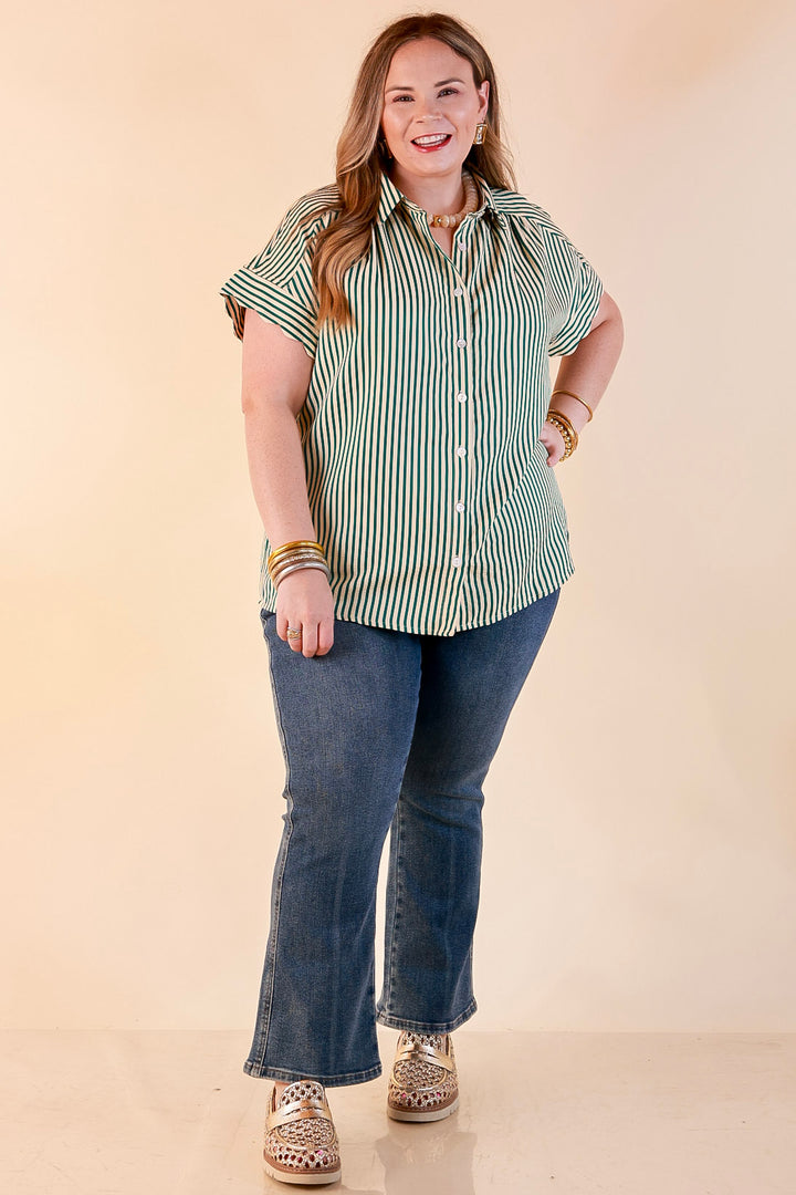 Closet Essential Striped Button Up Short Sleeve Collared Top in Green