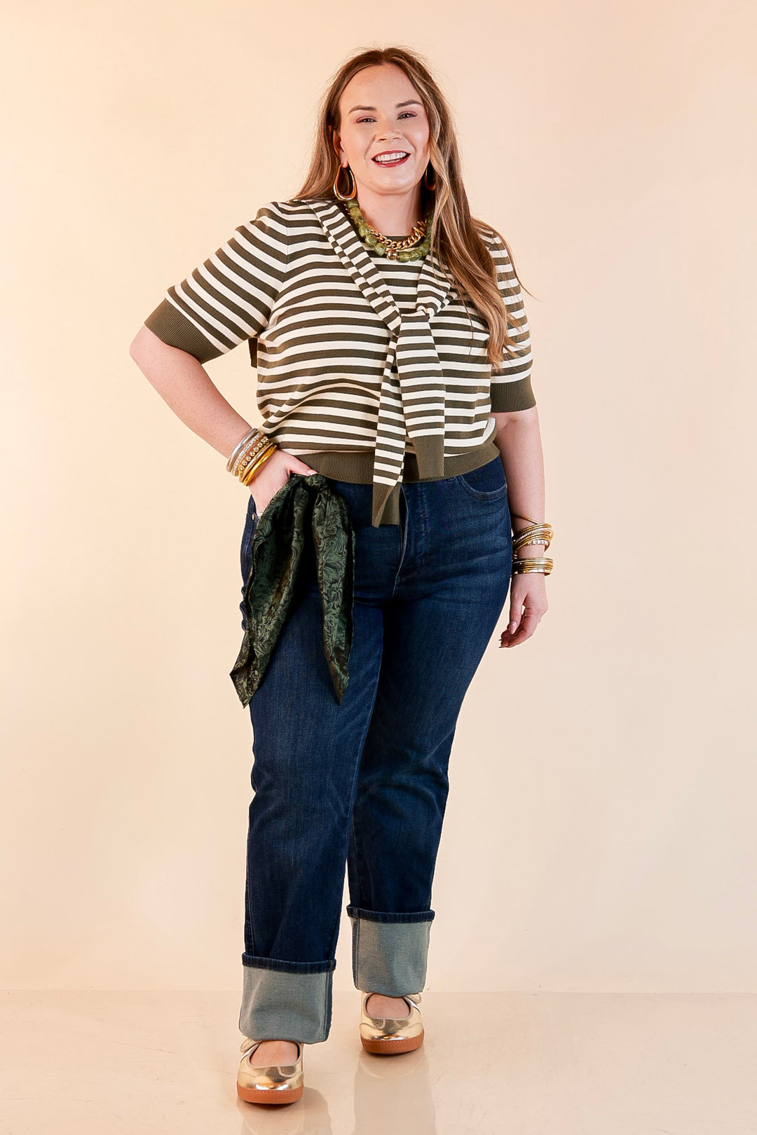 Leading Lady Faux Sweater Tie Detail Short Sleeve Striped Knit Top in Olive and Ivory