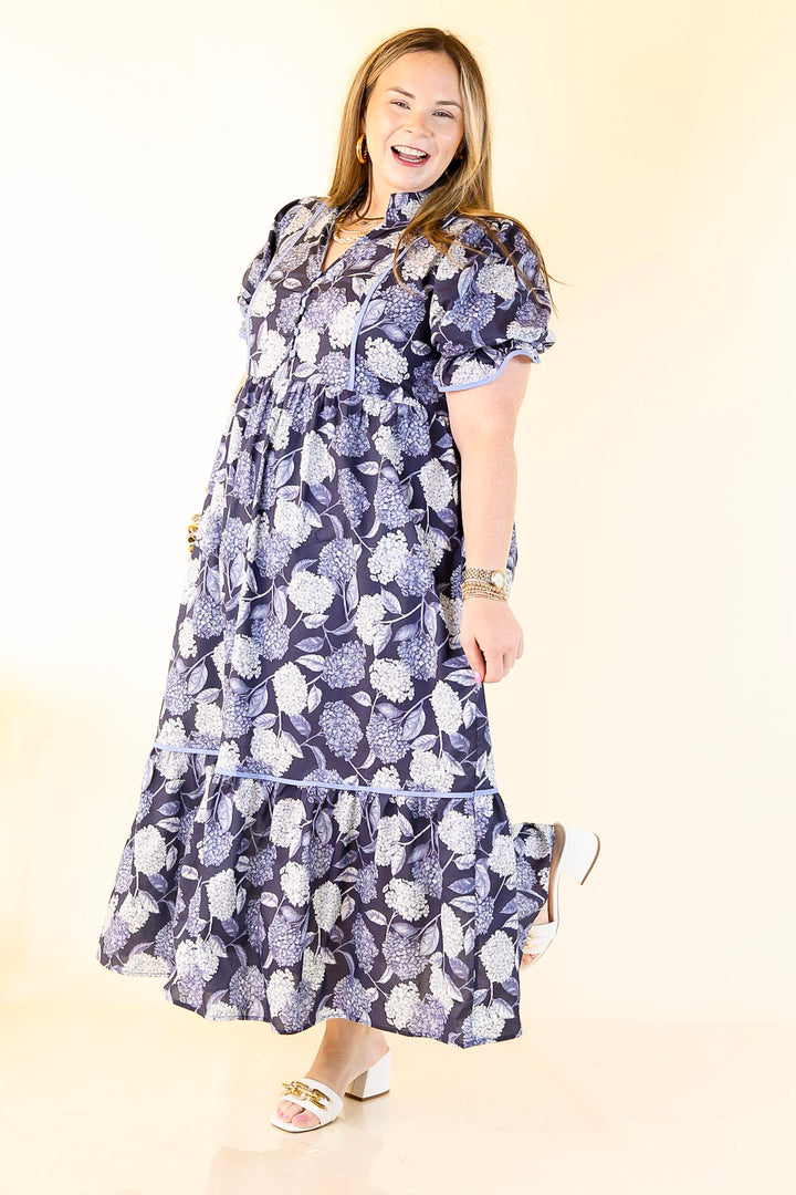 Petals & Poetry Hydrangea Floral Puff Sleeve Tiered Maxi Dress in Navy Blue