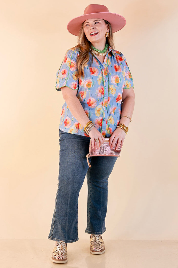 Petals and Plans Poppy Floral Print Button Up Collar Blouse in Dusty Blue