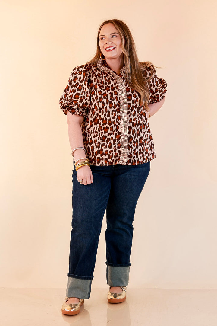 Catch the Compliments Puff Sleeve Ruffle Trim Leopard Print Statement Top in Ivory and Brown
