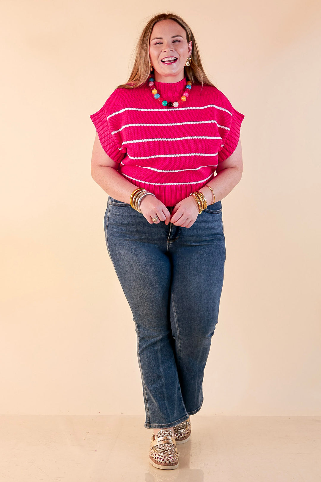 Sweet in Stripes Short Sleeve Striped Mock Neck Sweater in Hot Pink