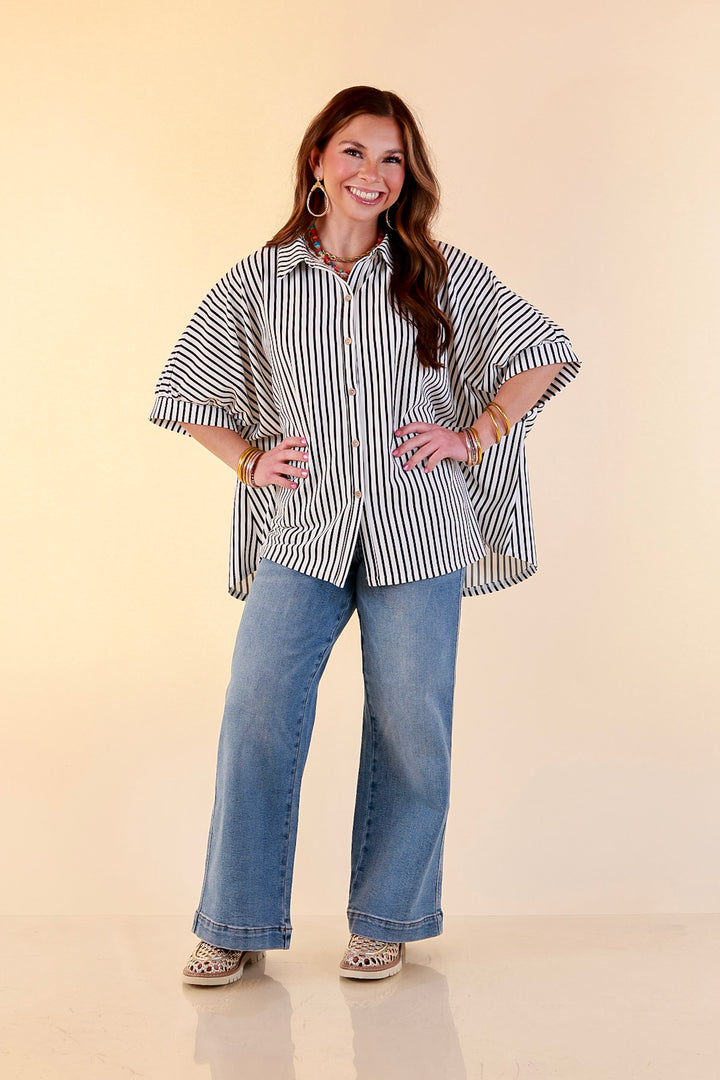 Effortlessly Aligned Button Down Collared Top with Vertical Ivory Stripe Detail in Black