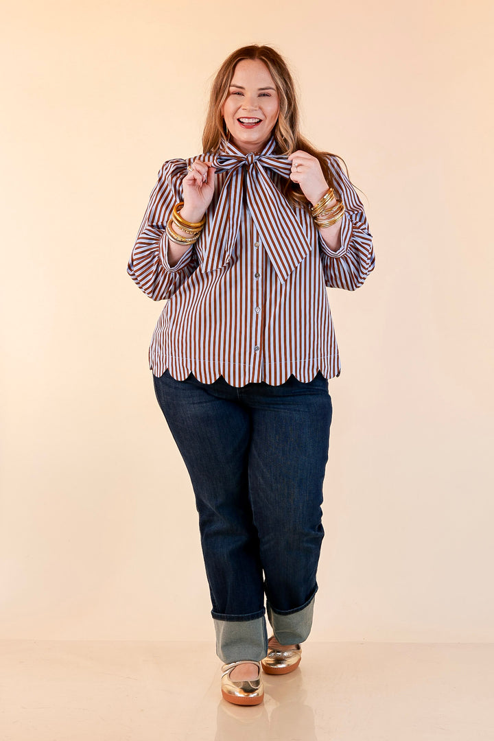 In Good Company Striped Bow Neck Scalloped Hem Blouse in Blue and Brown