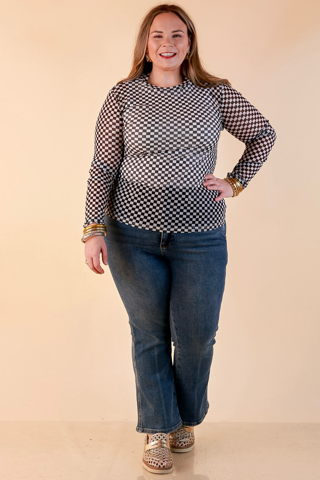 The Perfect Layer Checkered Print Sheer Mesh Long Sleeve Top in Black and White