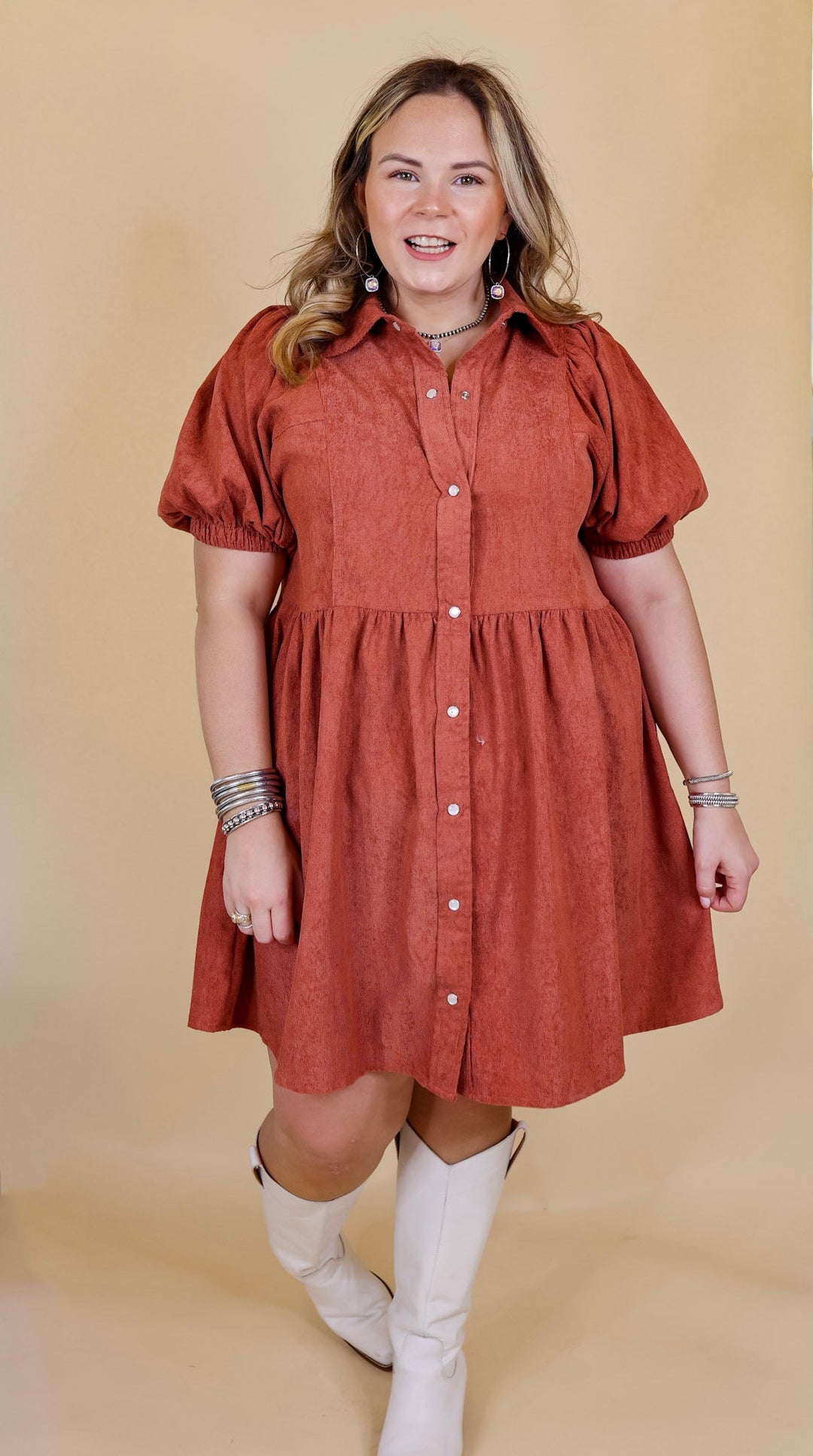 Adventures Ahead Button Up Corduroy Babydoll Dress in Terracotta - Giddy Up Glamour Boutique